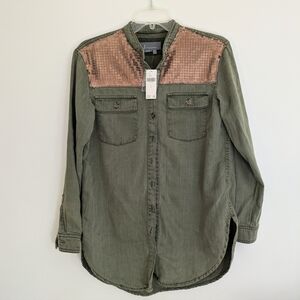 NWT Anthropologie Sequined Cargo Shirt Green Size 0